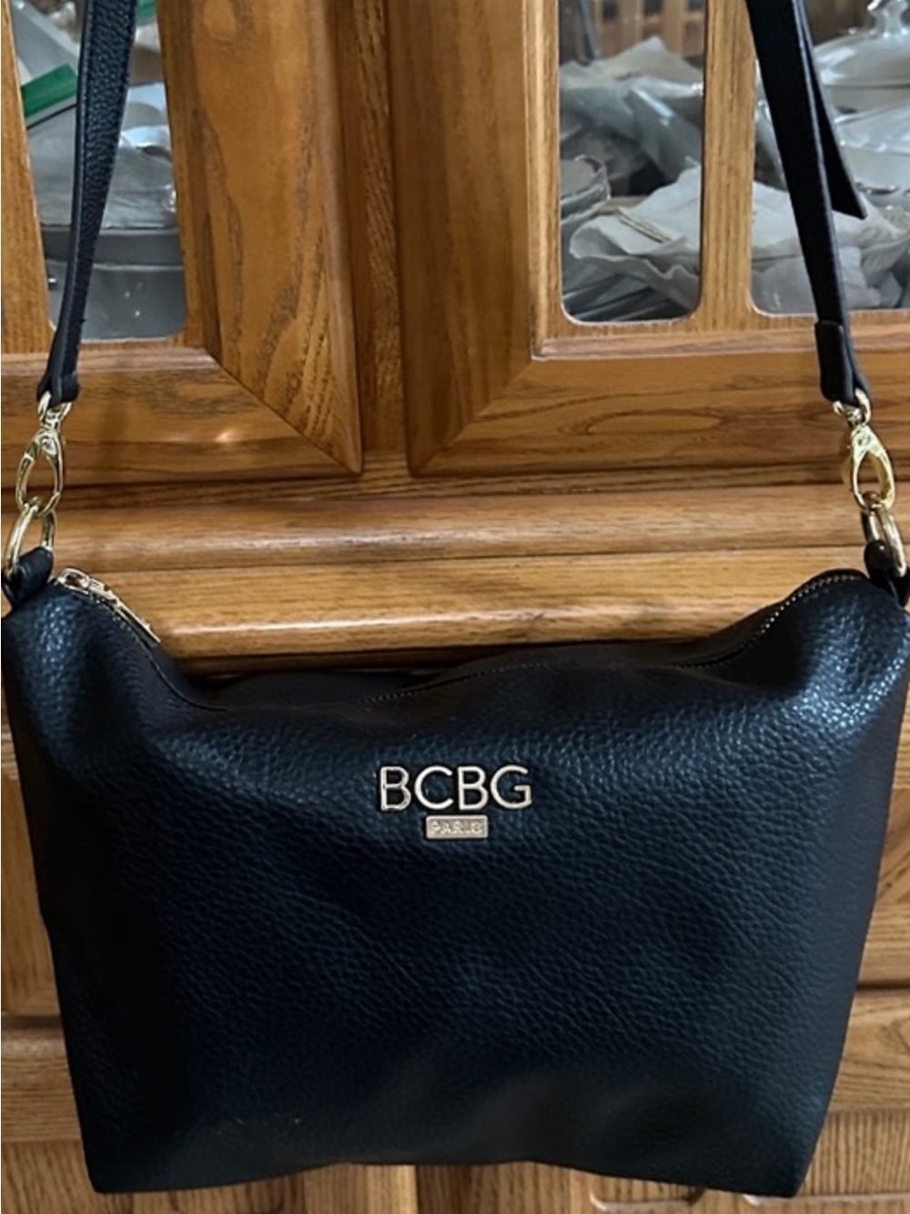 BCBG Black Pebbled Leather Shoulder Crossbody with Gold Hardware